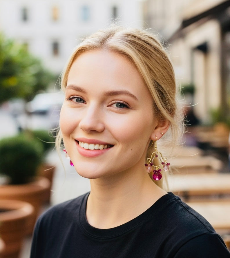 Mixed Metal Chandelier Earrings in Garnet, Pink Amethyst, Violet Quartz