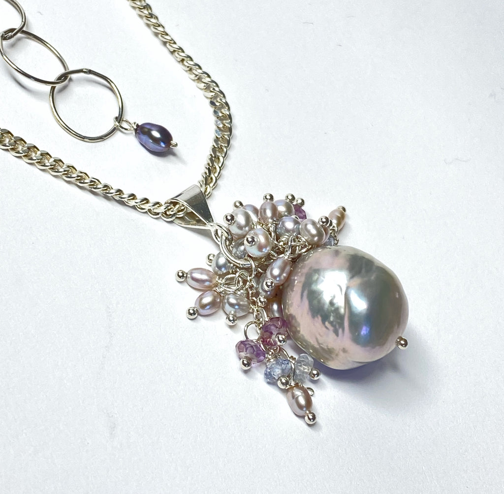 Silver Grey Baroque Pearl Cluster Pendant in Sterling Silver