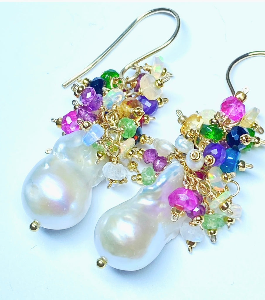 Opal Cluster Baroque Flameball Pearl Earrings Multi-color Gemstone 4