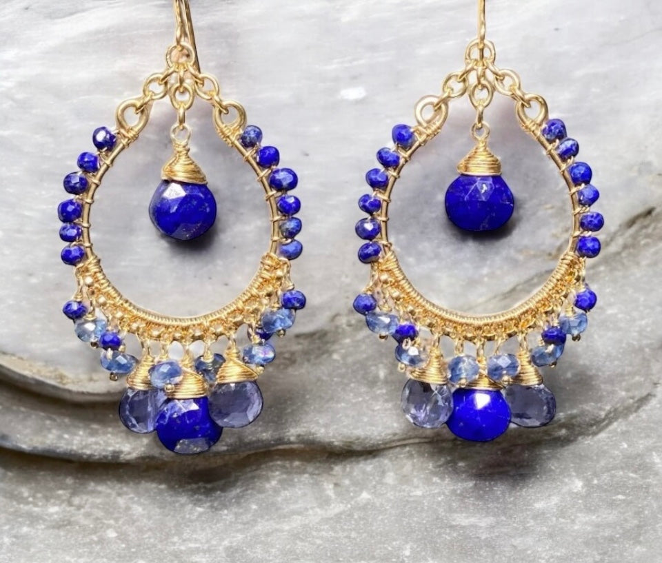 Blue Gemstone Gold Hoop Chandelier Earrings Lapis Kyanite Iolite