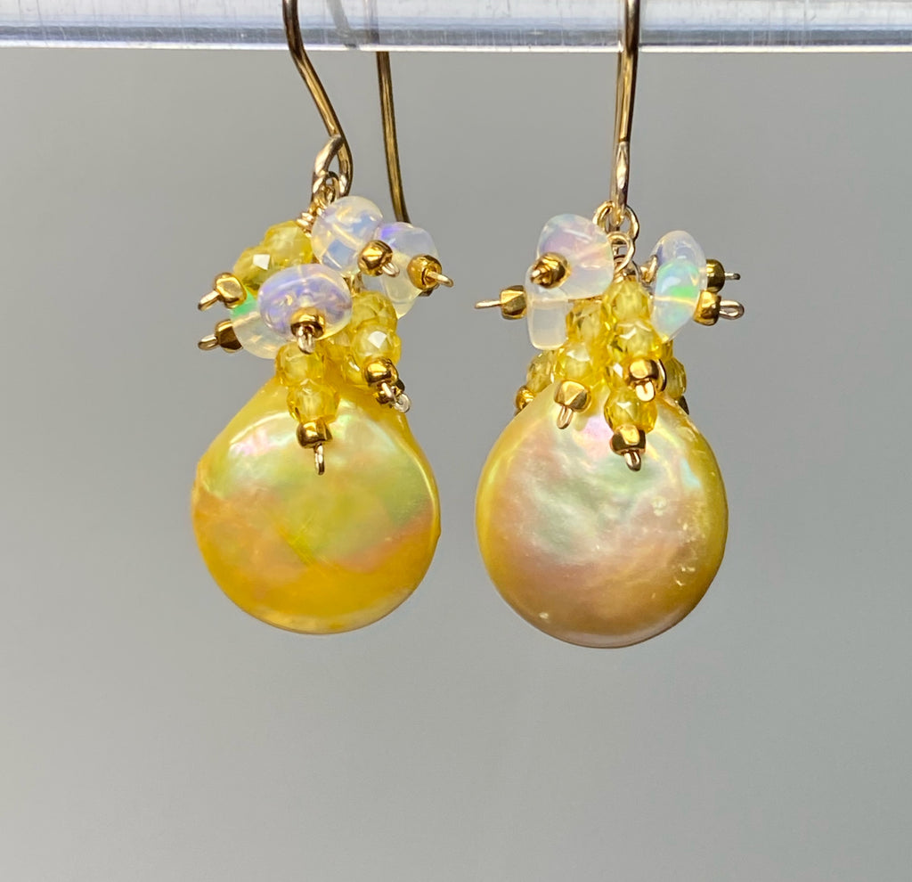Yellow Coin Pearl Earrings with Opal Clusters Gold Fill