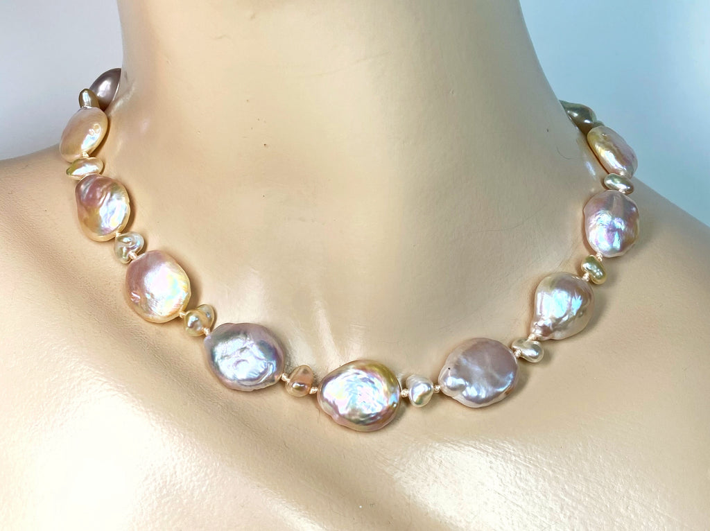 Statement Coin Pearl Necklace with Keishi Pearls, Silk Knotted