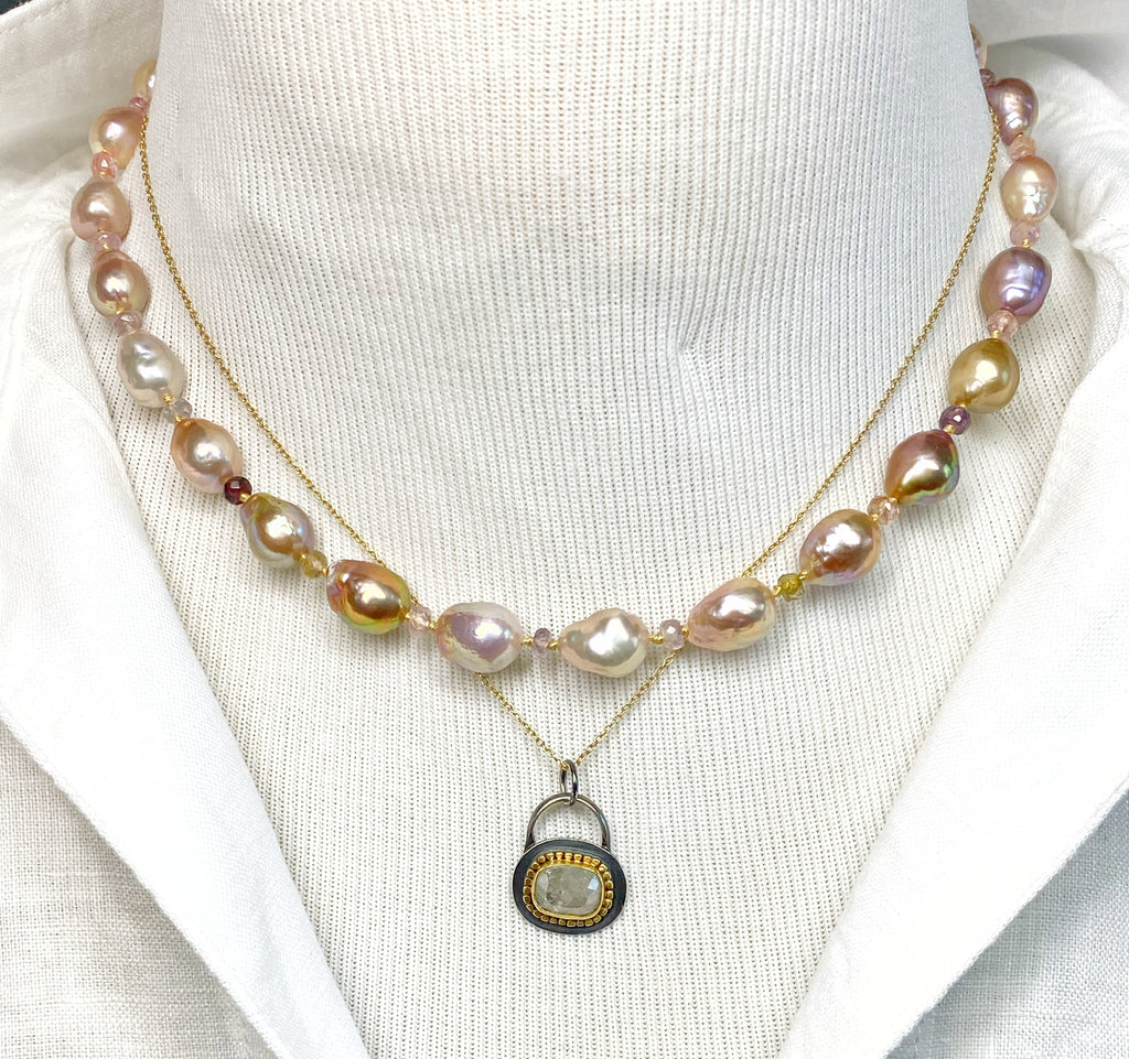 Baroque Metallic Pearl Necklace with Spinel Gemstones, Silk Knotted, Gold Fill