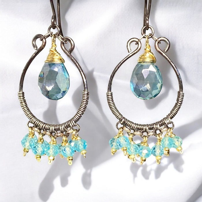 Aqua Apatite Oxidized Sterling Silver Hoop Chandelier Earrings