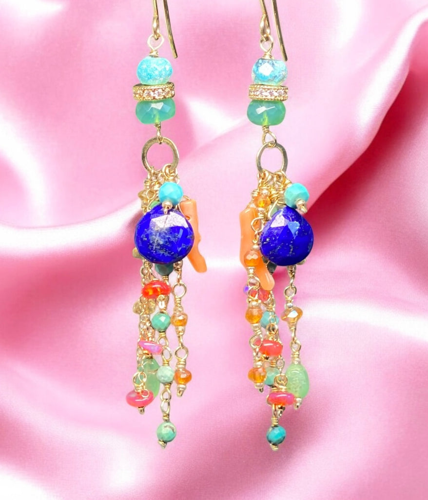 Blue Lapis Dangle Earrings Boho Style with Coral, Chrysoprase, Turquoise, Carnelian Gold Fill