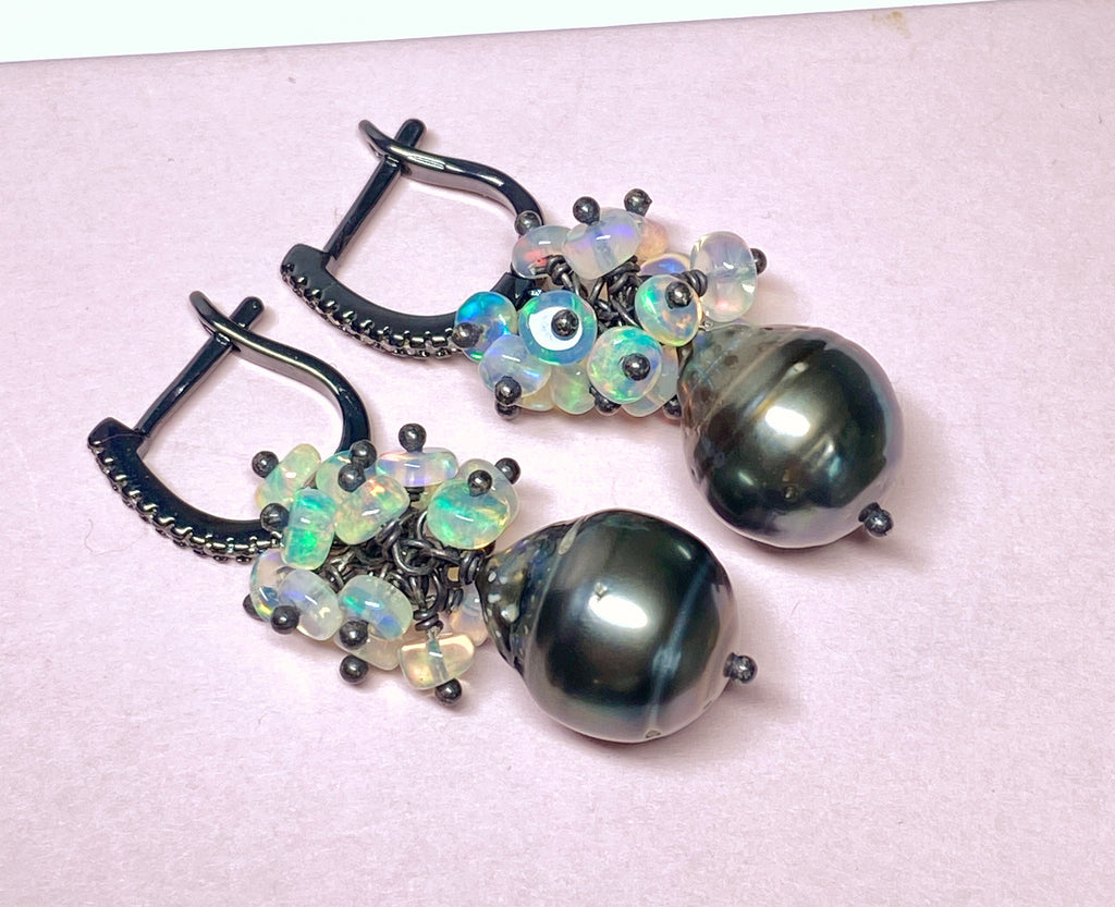 Tahitian Pearl and Opal Cluster Earrings Oxidized Sterling Silver