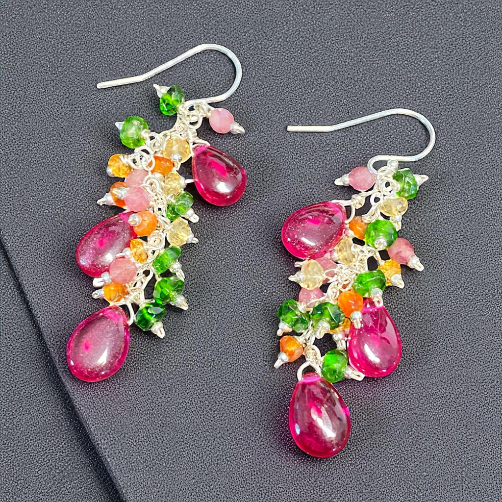 Rubellite Multi Gemstone Long Dangle Earrings Sterling Silver