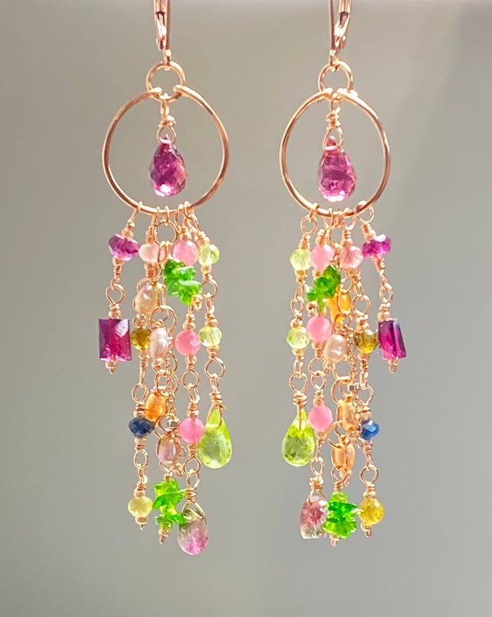 Rubellite Tourmaline Multicolor Gemstone Long Boho Dangle Earrings Rose Gold