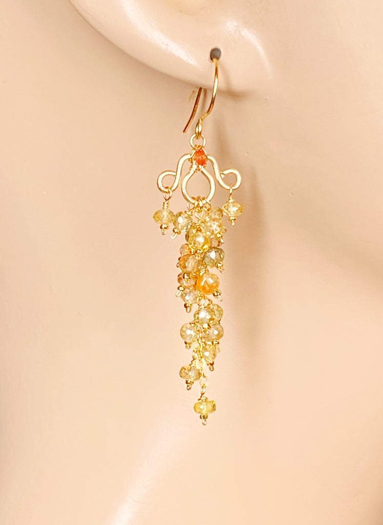 Natural Gemstone Zircon Cluster Dangle Earrings Gold Fill