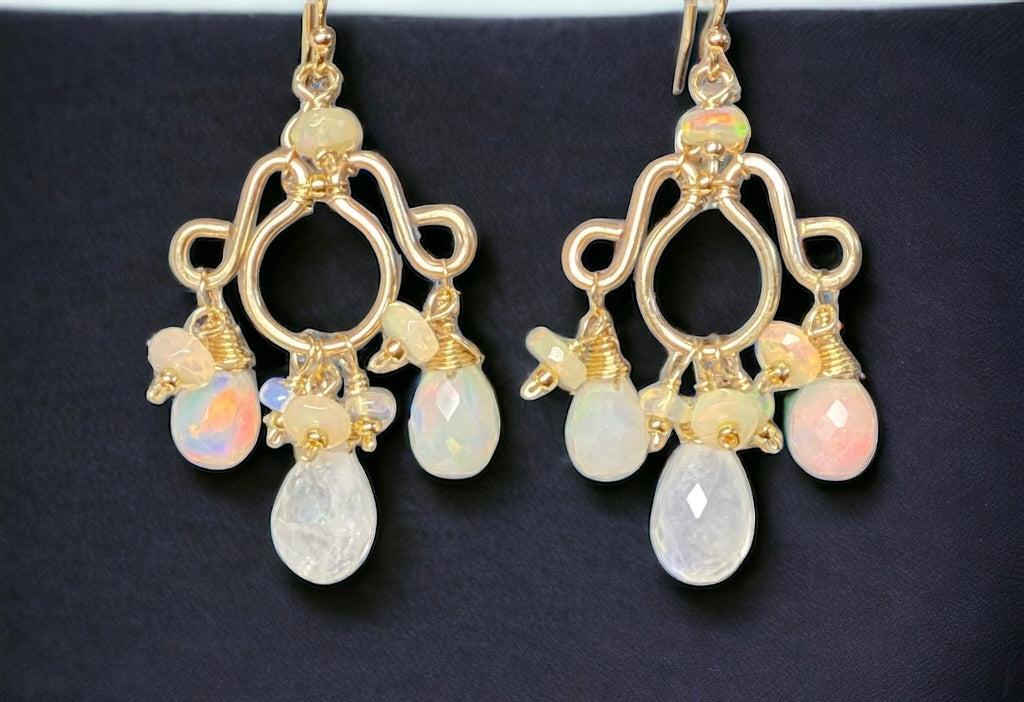 Ethiopian Opal and Moonstone Gemstone Chandelier Earrings Statement Gold Fill
