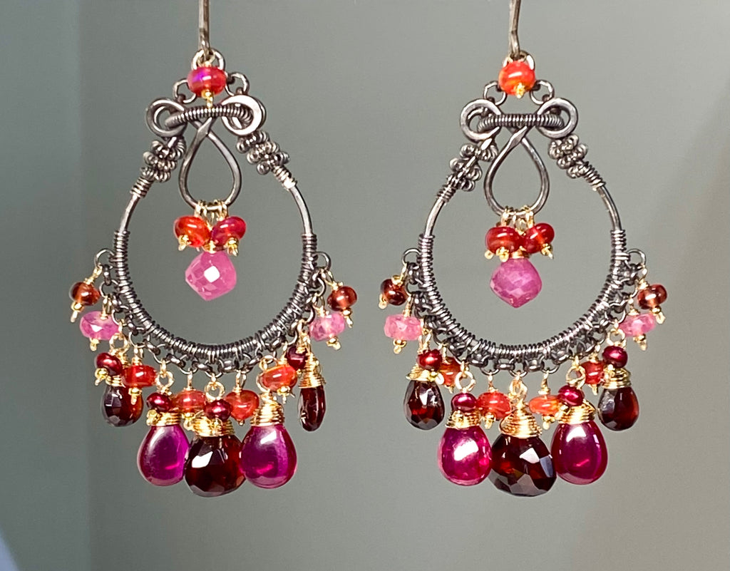 Red Gemstone Statement Chandelier Earrings, Garnet, Sapphire, Mixed Metal, Oxidized Silver