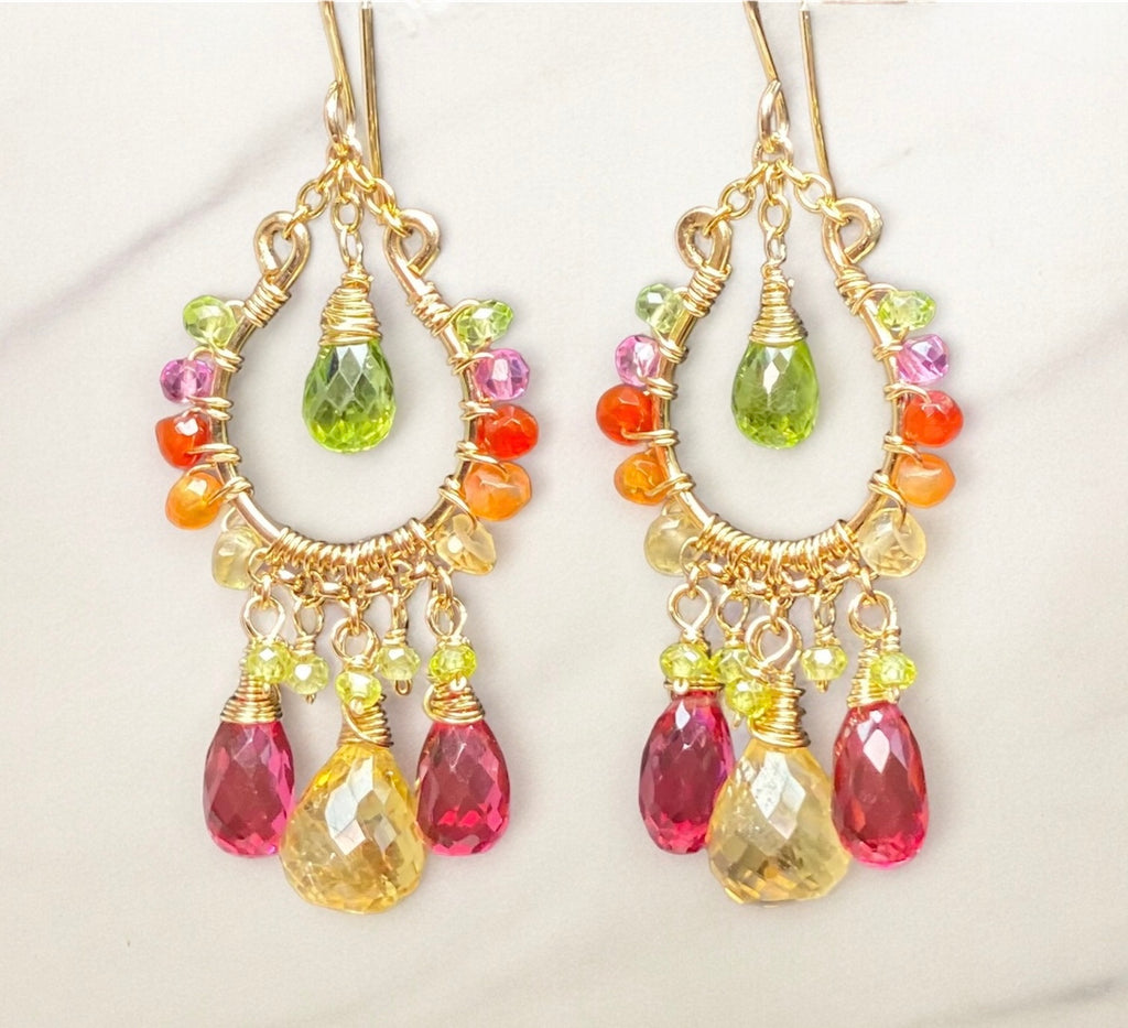 Colorful Gemstone Chandelier Earrings:  Peridot, Citrine, Fuchsia Pink Quartz, Gold Fill