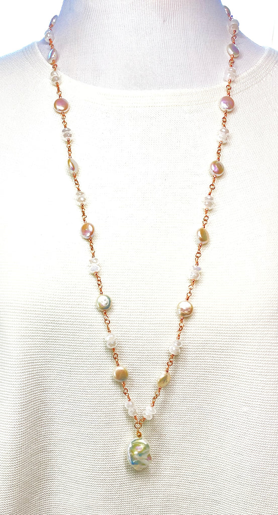 Rose Gold Ivory Baroque Pearl Mystic Moonstone Long Sautoir Rosary Necklace