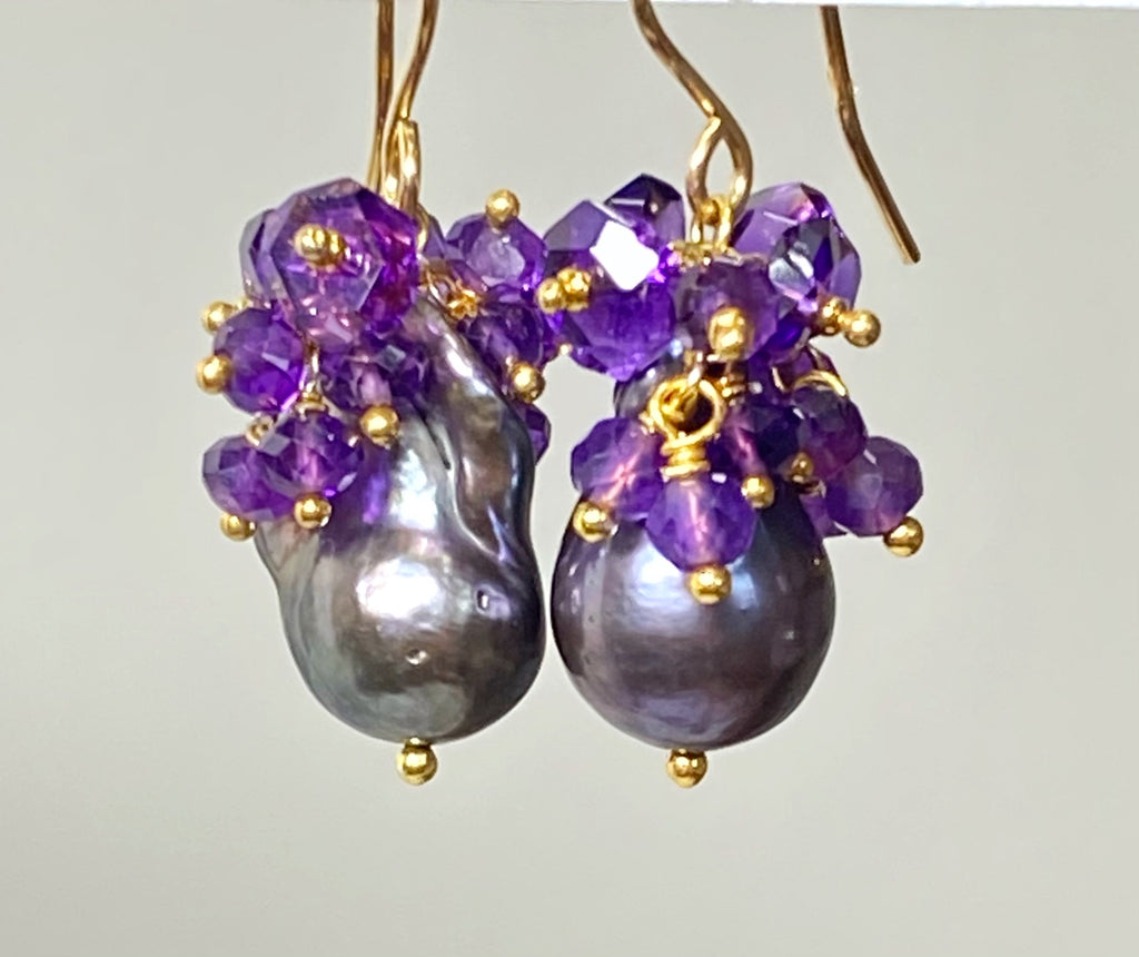 Baroque Peacock Pearl Amethyst Cluster Earrings