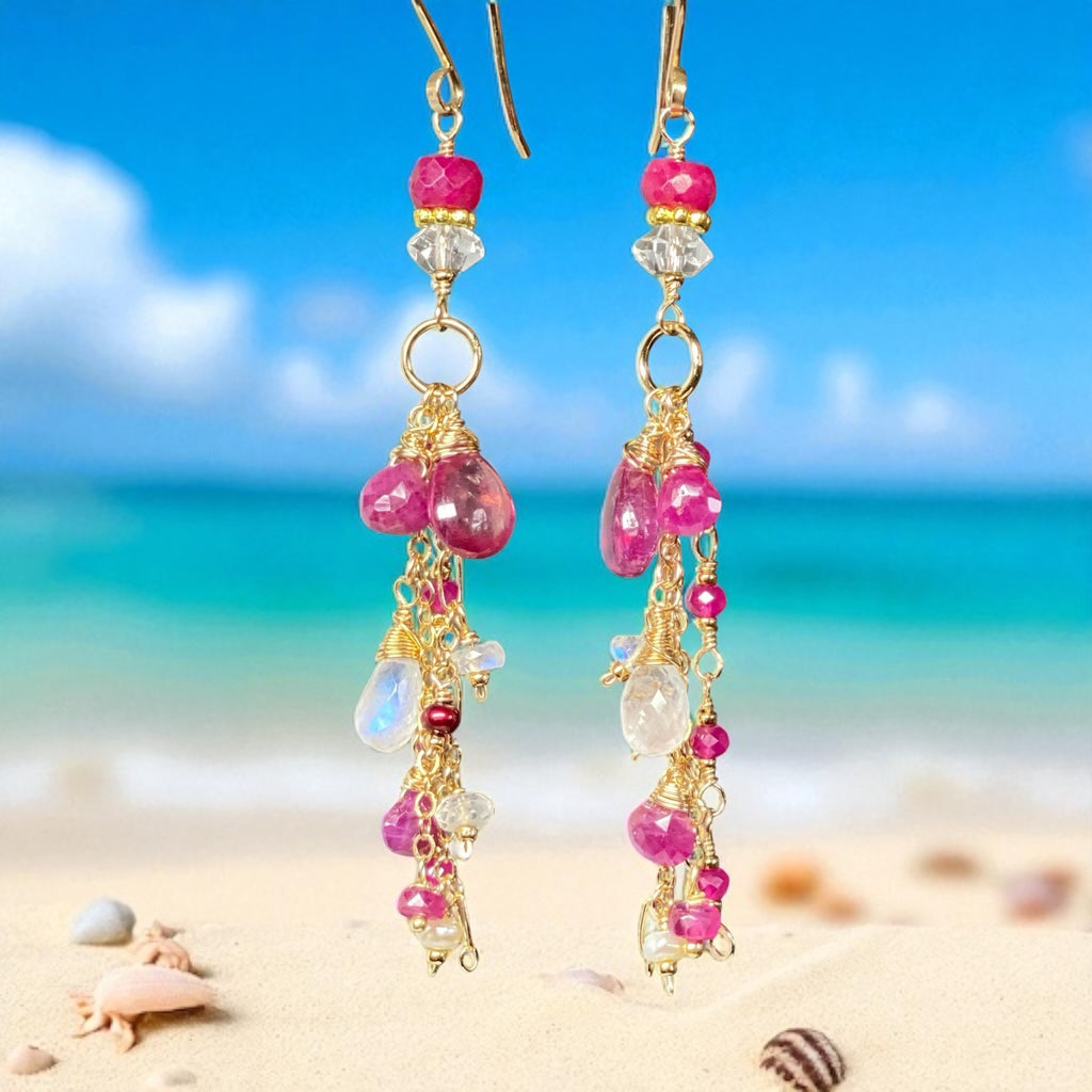 Red Ruby, Pink Sapphire Long Boho Dangle Earrings in Gold Fill with Moonstone