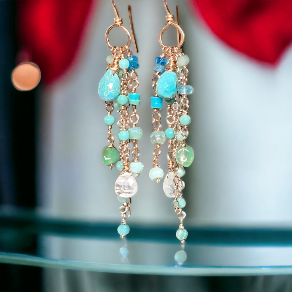 Turquoise Multi Gemstone Dangle Earrings Rose Gold Fill