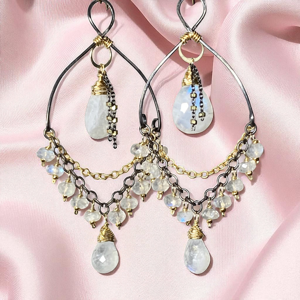 Rainbow Moonstone Mixed Metal Chandelier Earrings Beaded Statement Earrings