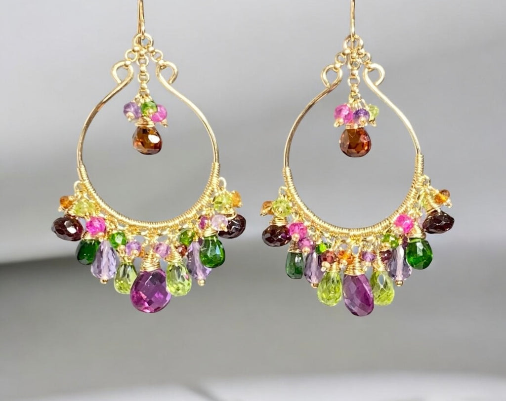Statement Multi Gemstone Chandelier Hoop Earrings - Violet, Green, Pink