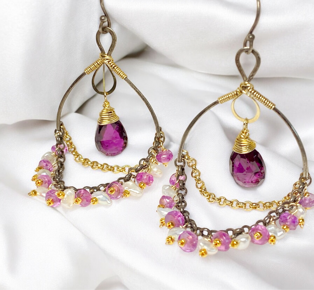 Rhodolite Garnet Chandelier Earrings with Sapphires in Mixed Metals 2