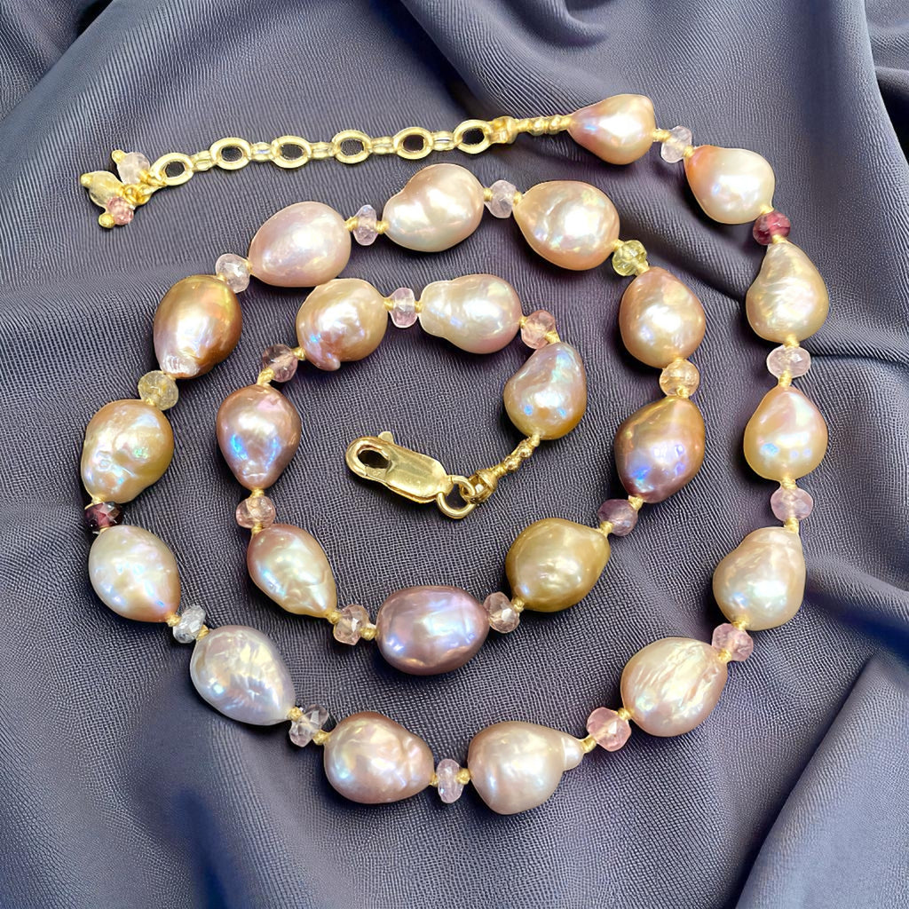 Baroque Metallic Pearl Necklace with Spinel Gemstones, Silk Knotted, Gold Fill