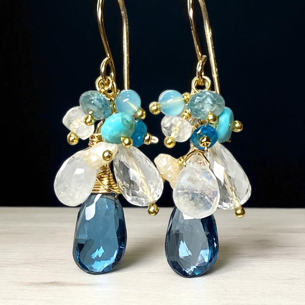 London Blue Topaz, Moonstone, Crystal Quartz Dangle Earrings, Gold Fill