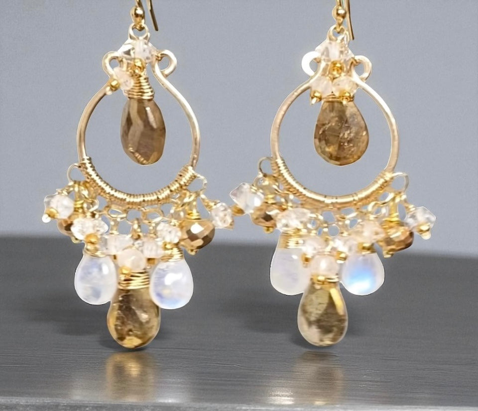 Rainbow Moonstone Gold Labradorite Chandelier Hoop Earrings Gold Fill