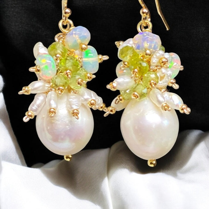 Peridot, Opal, Pearl Cluster Earrings Gold Fill 2