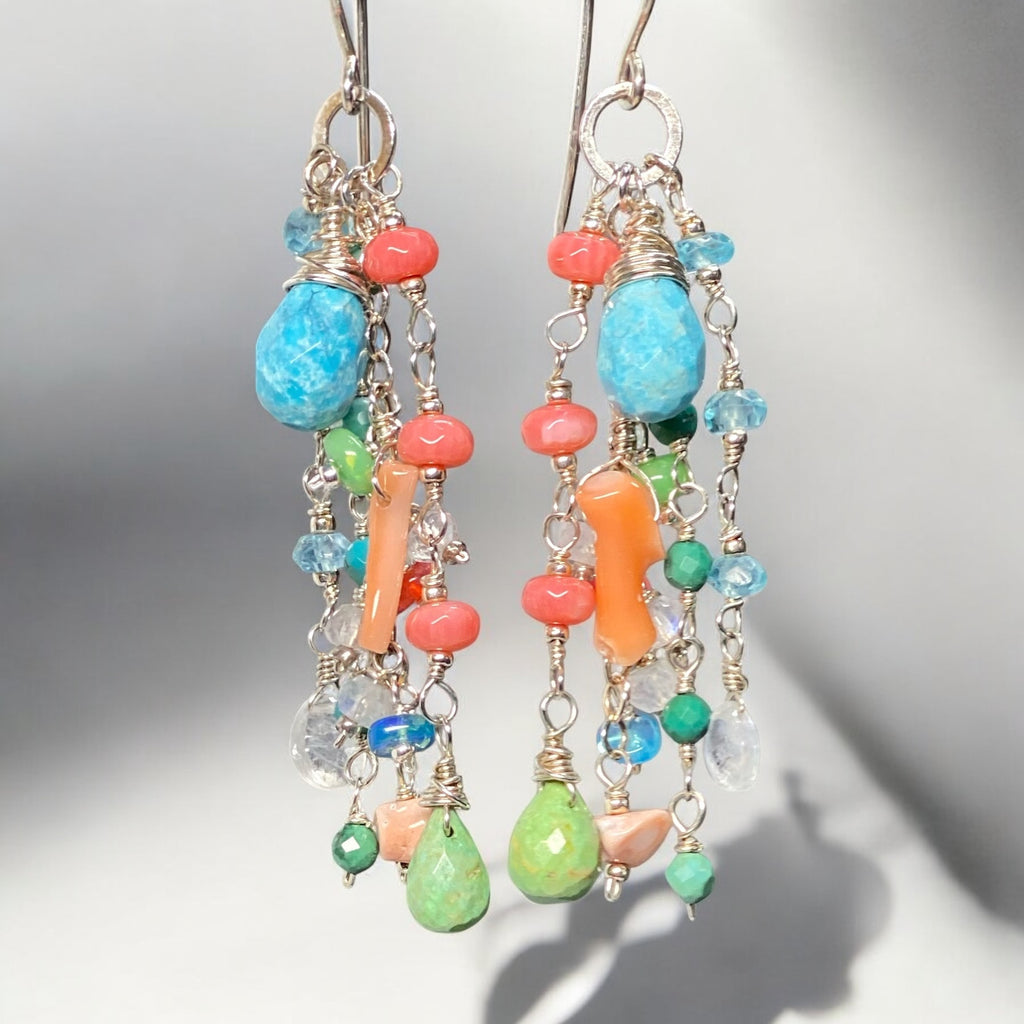 Blue and Green Turquoise Dangle Earrings, Coral, Moonstone, Gemstone 3