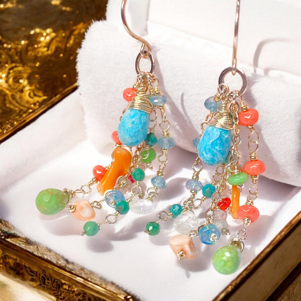 Blue and Green Turquoise Dangle Earrings, Coral, Moonstone, Gemstone 3
