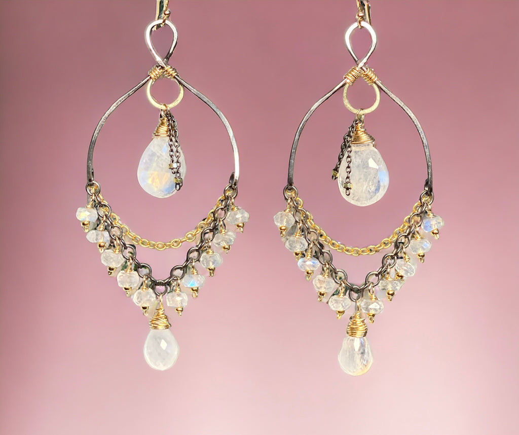 Rainbow Moonstone Mixed Metal Chandelier Earrings Beaded Statement Earrings