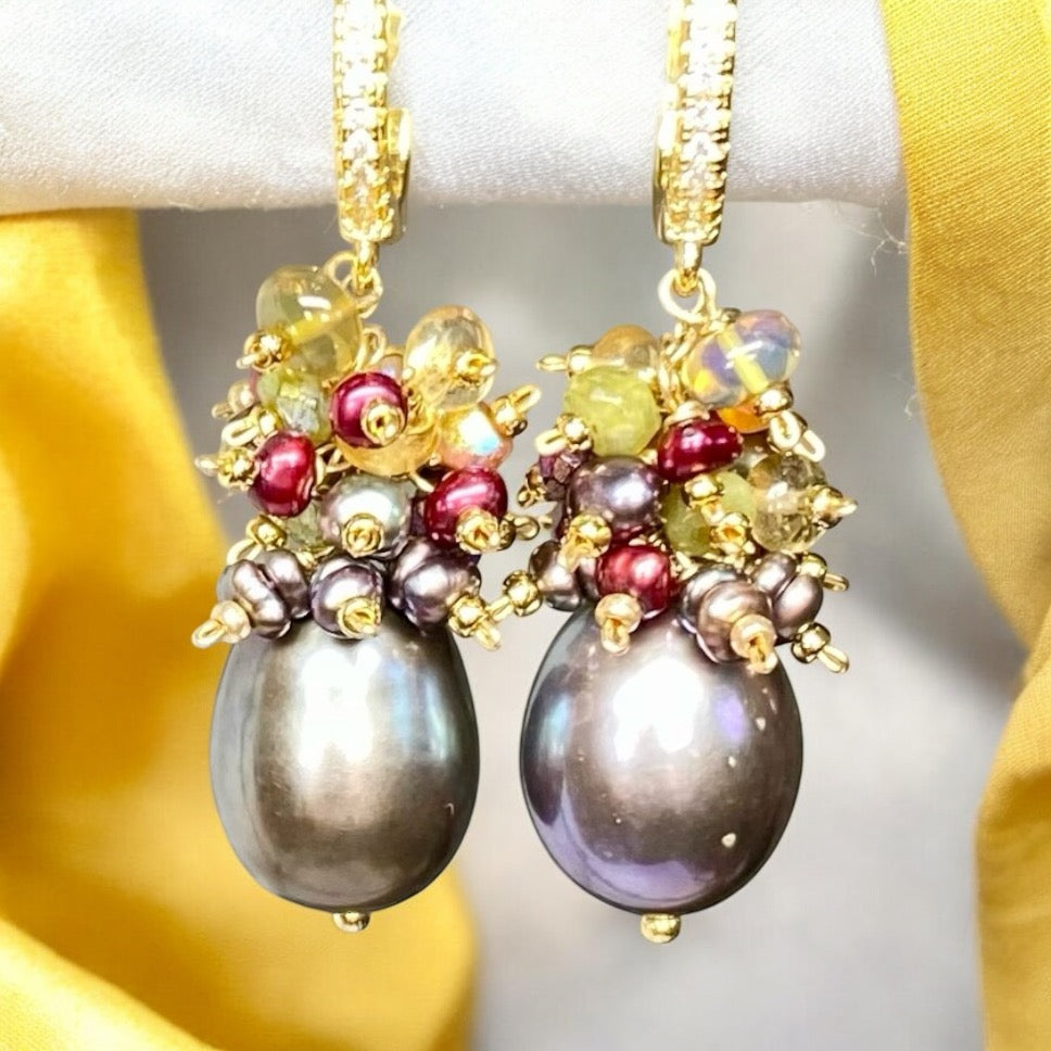 Grey Pearl Earrings with Colorful Gemstone Clusters in Sterling Silver