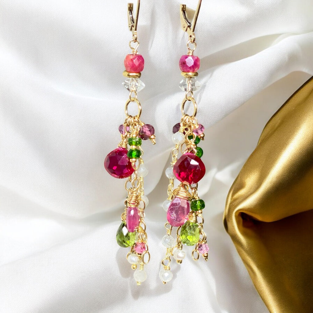 Gemstone Dangle Earrings - Pink Sapphire, Peridot, Ruby, Gold