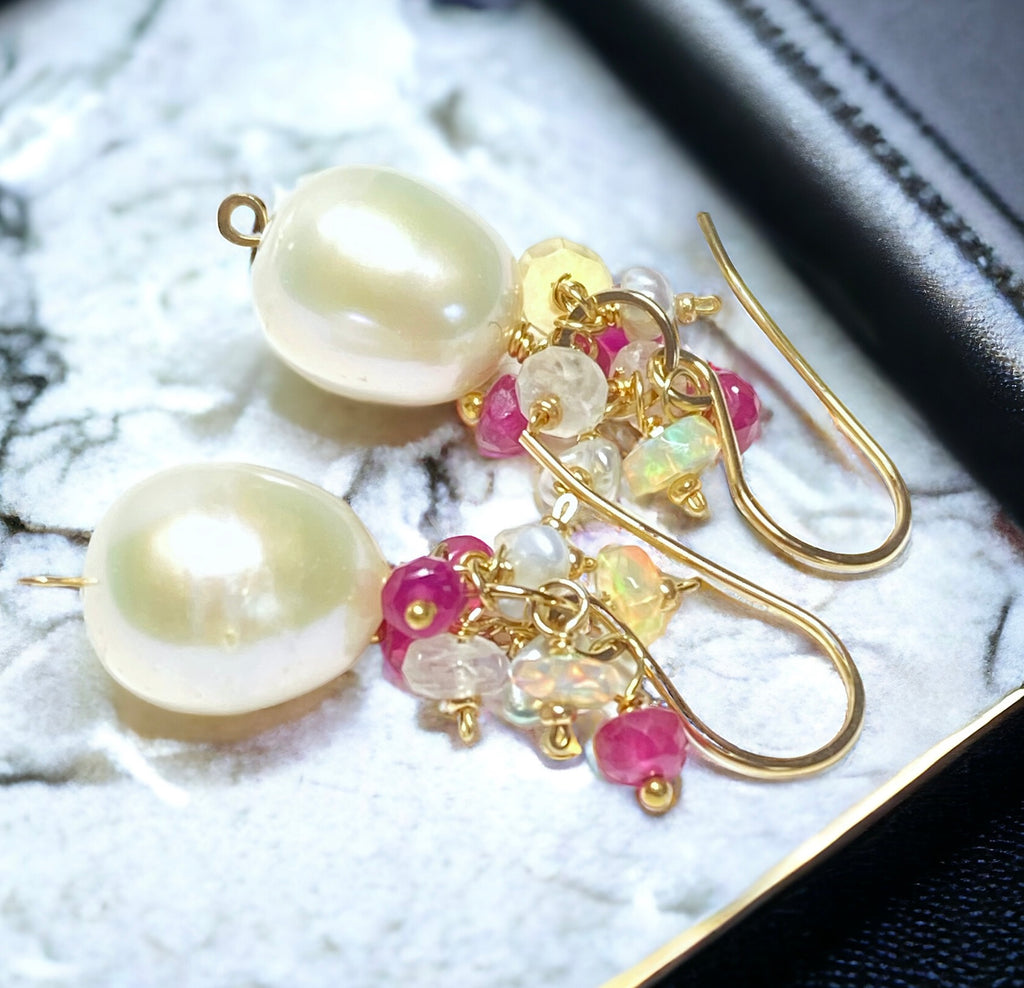 Pearl Earrings with Ruby, Opal, Keishi Pearl Clusters, Gold Fill