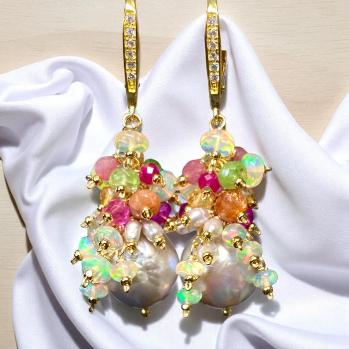 Silver Edison Pearl Multicolor Gemstone Cluster Earrings Gold Fill