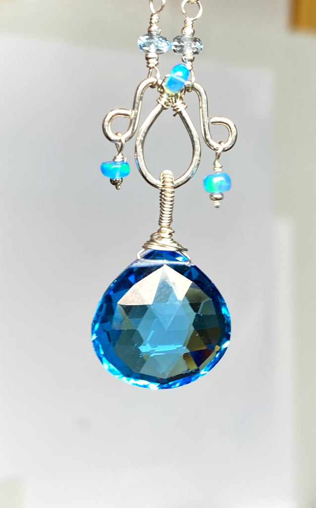 Blue Topaz, Opal and Gemstone Pendant Necklace Rosary Style Sterling Silver