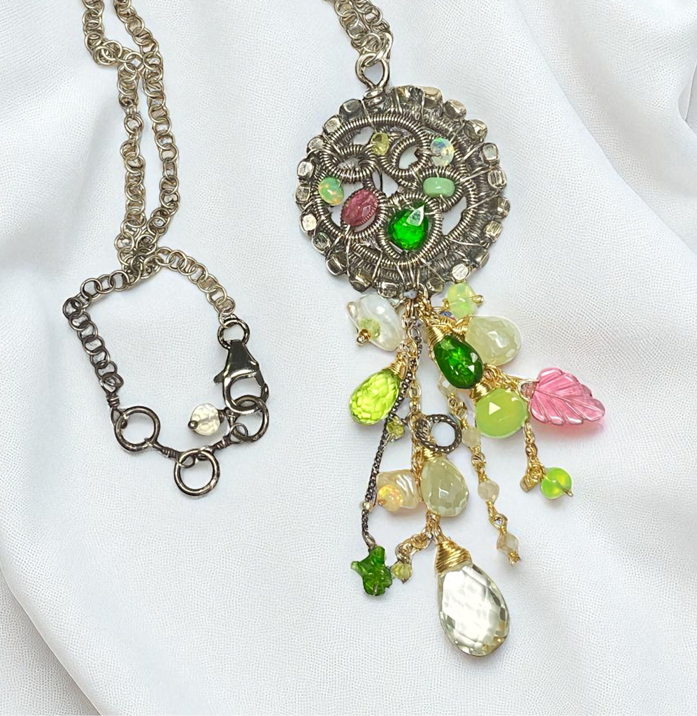 Boho Gemstone Pendant Oxidized Silver Pink Tourmaline, Opal, Green Gems