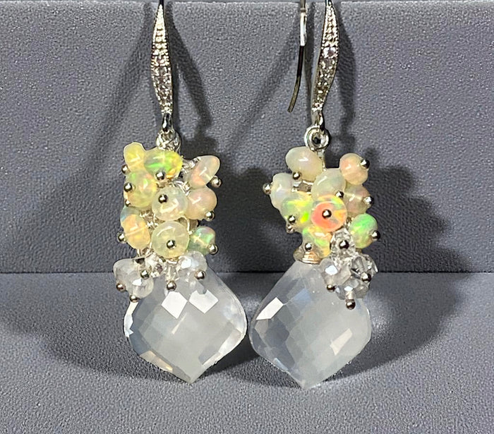 Opal Cluster Crystal Quartz Leverback Earrings