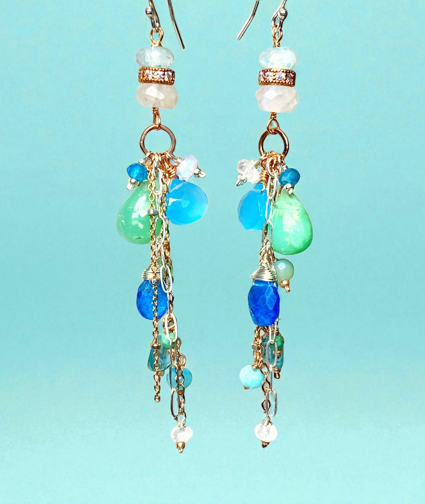 Rose Gold Long Boho Dangle Earrings Mixed Metal with Chrysoprase, Blue Chalcedony and Moonstone