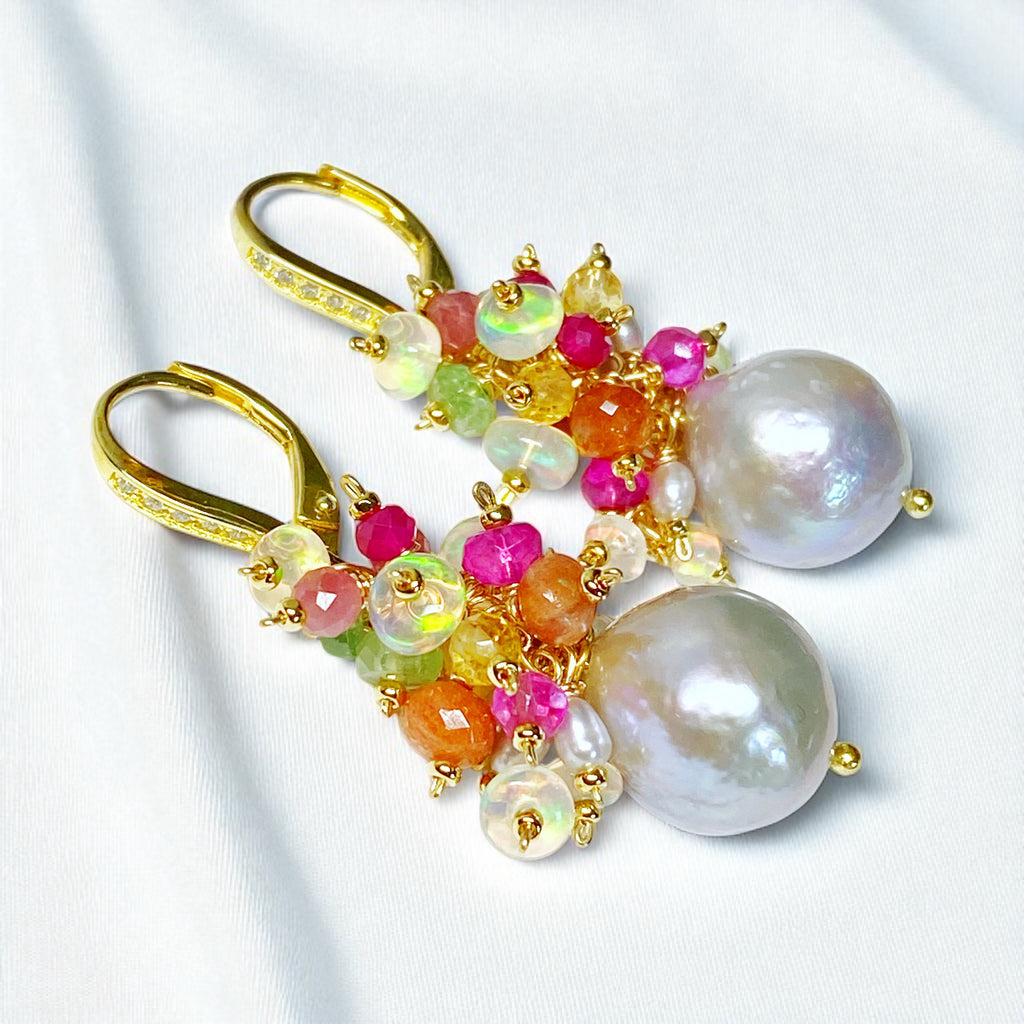 Silver Edison Pearl Multicolor Gemstone Cluster Earrings Gold Fill