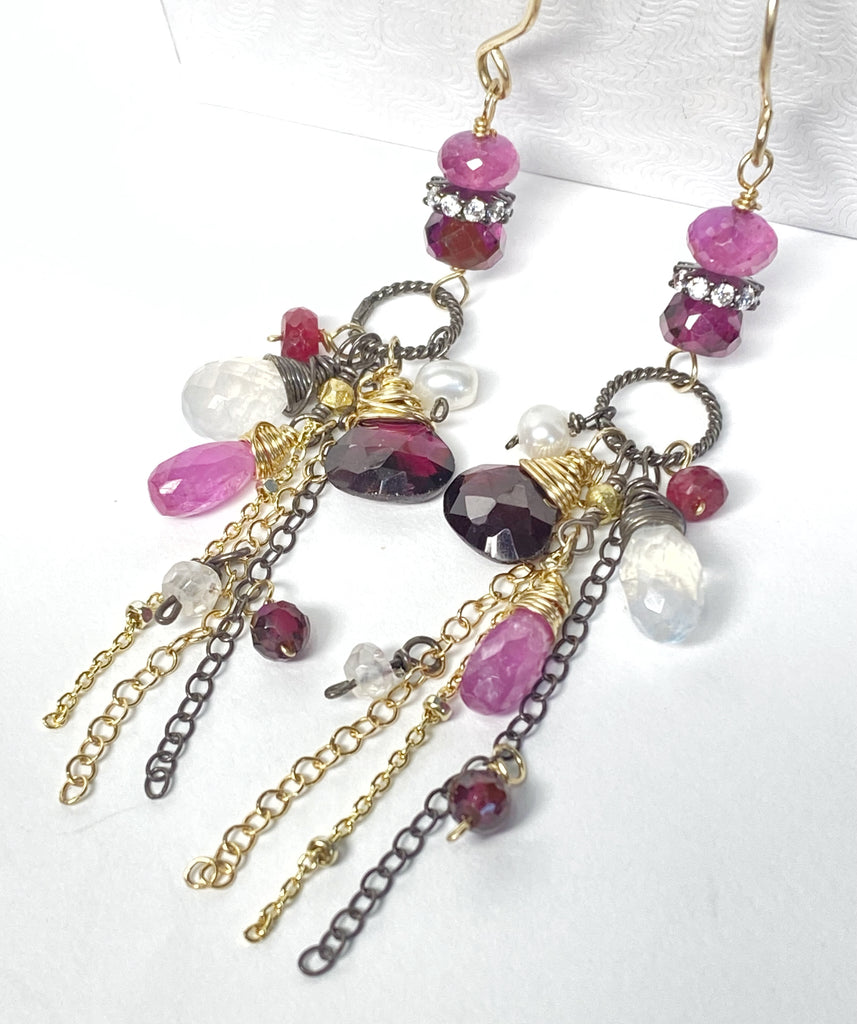 Red Gem Long Boho Dangle Earrings Mixed Metal with Garnet, Sapphire and Moonstone