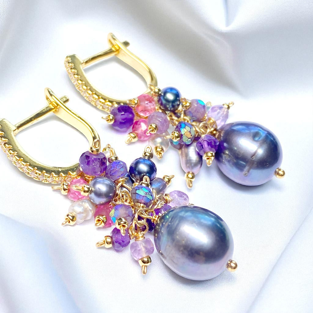 Black Peacock Pearl Earrings Amethyst and Pink Gemstone Clusters Gold Fill