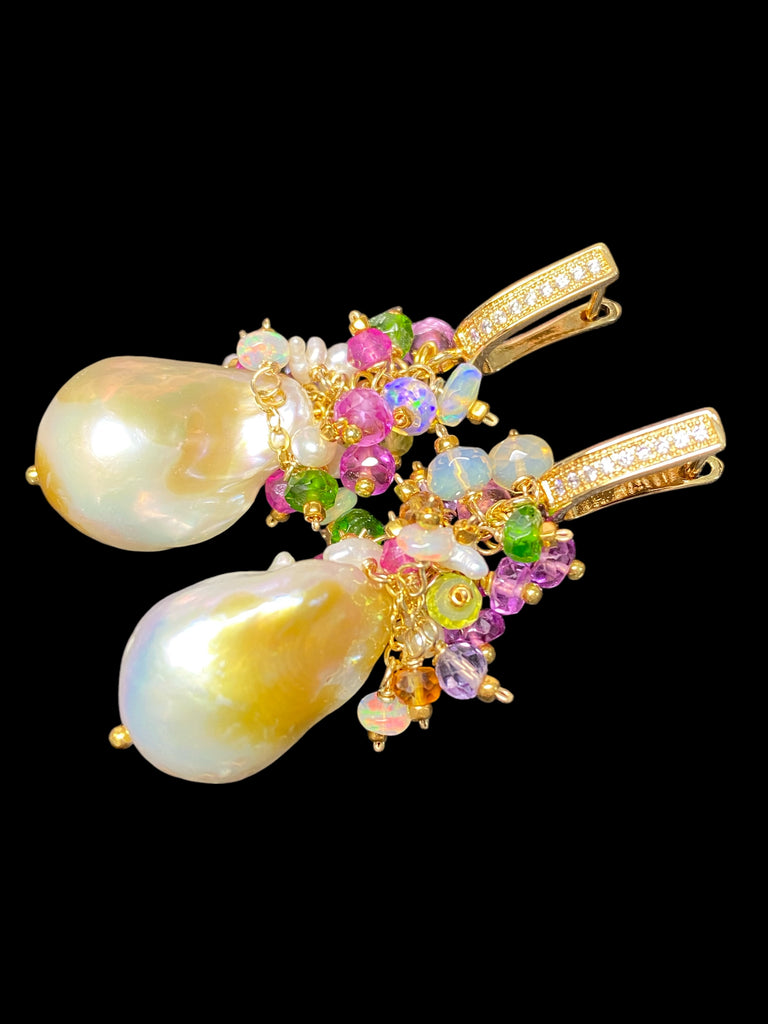 Pond-slime Baroque Pearl and Gemstone Cluster Earrings with Violet Sapphire