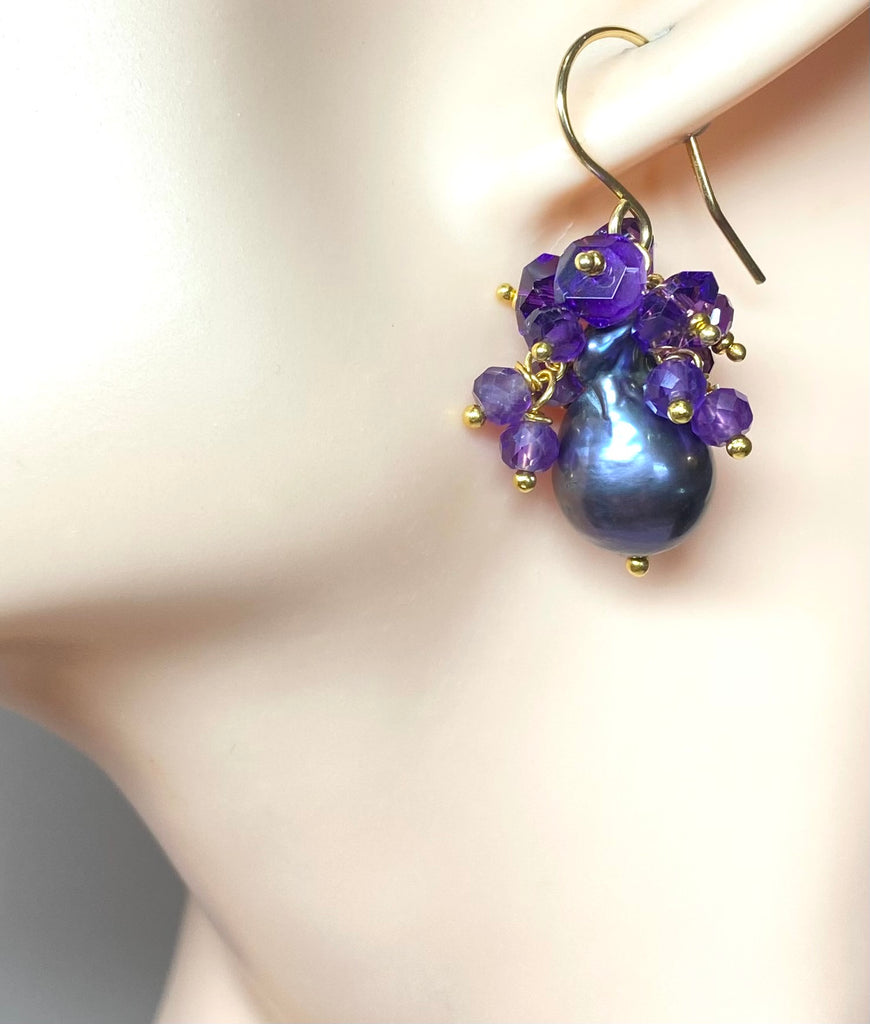 Baroque Peacock Pearl Amethyst Cluster Earrings