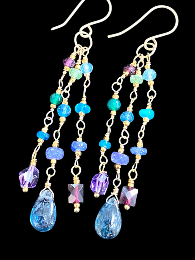 Teal Kyanite, Multi Gemstone Gold Fill Long Dangle Earrings