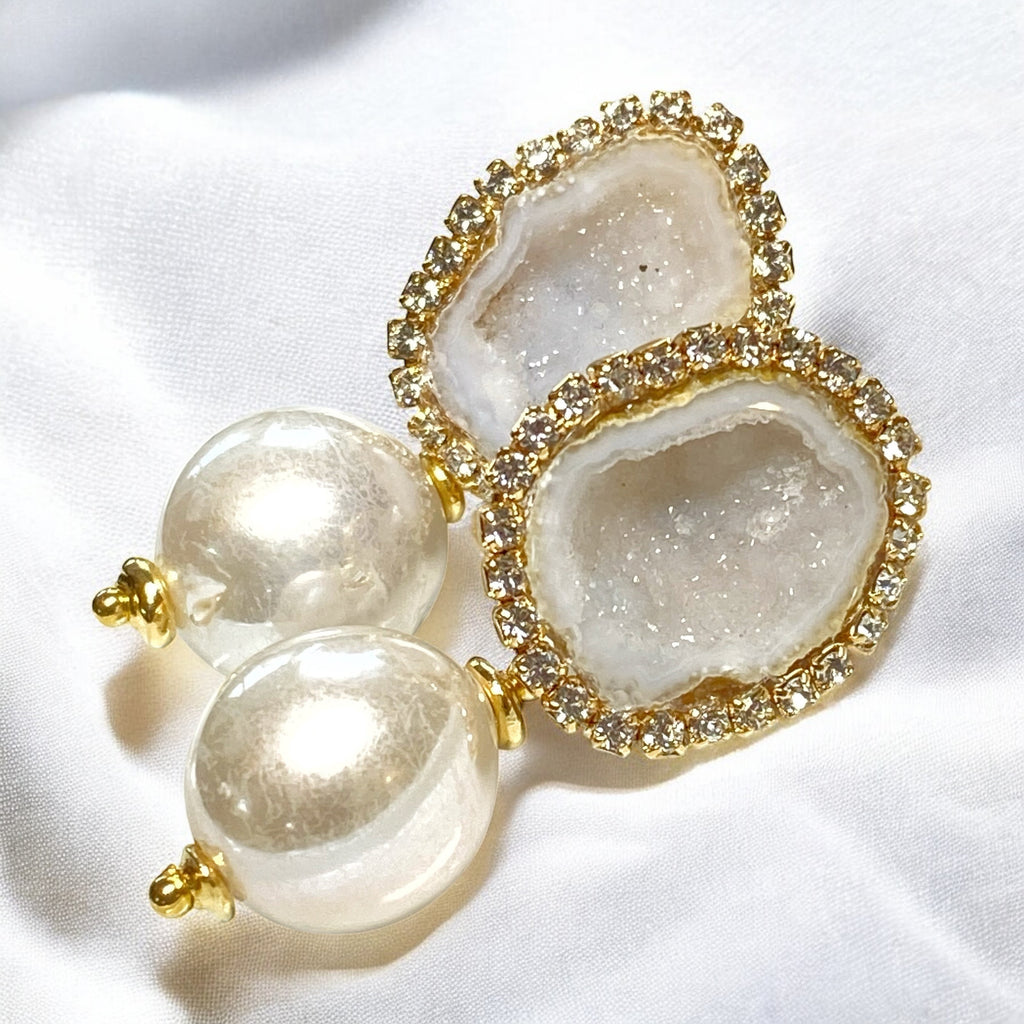 White Tabasco Geode Post Earrings with White Edison Pearls