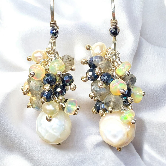 Petite Laser Pearl Cluster Earrings, Black, White, Labradorite, Opals