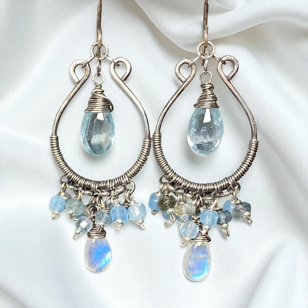 Aquamarine Oxidized Sterling Silver Hoop Chandelier Earrings