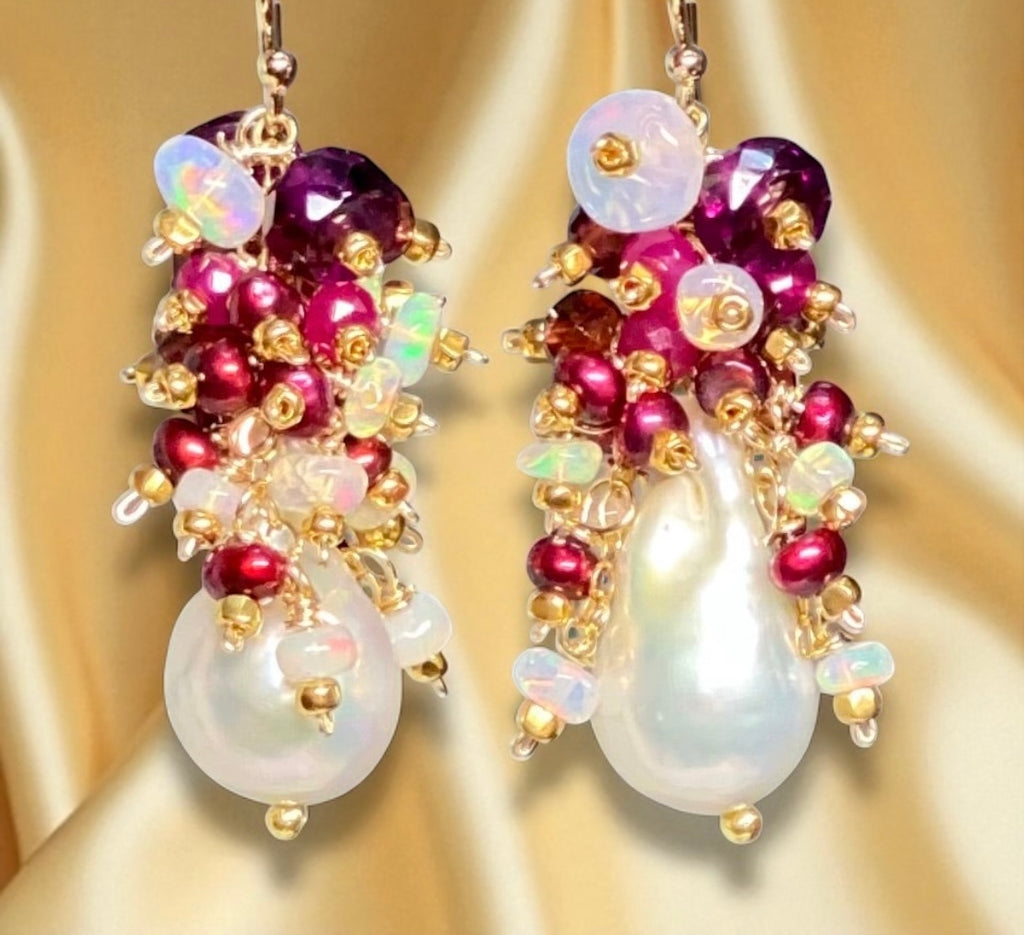 Baroque Pearl Earrings with Rubies, Garnets and Fiery AAA Ethiopian Opals 2
