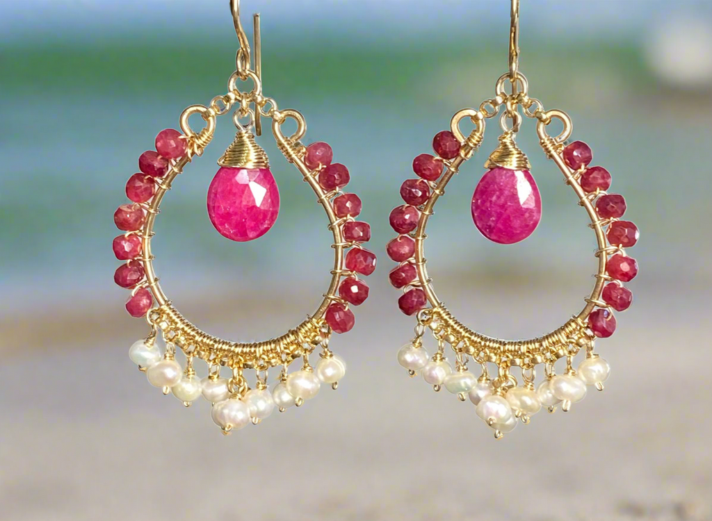 Red Ruby and Pearl Gold Hoop Statement Earrings