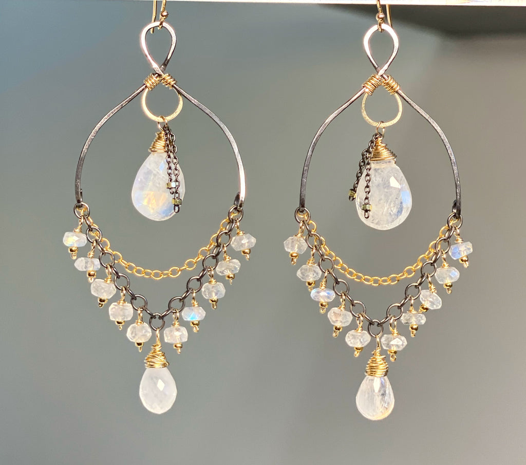 Rainbow Moonstone Mixed Metal Chandelier Earrings Beaded Statement Earrings